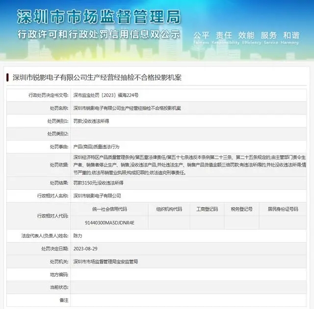 深圳市锐影电子有限公司生产经营经抽检不合格投影机案(图1)