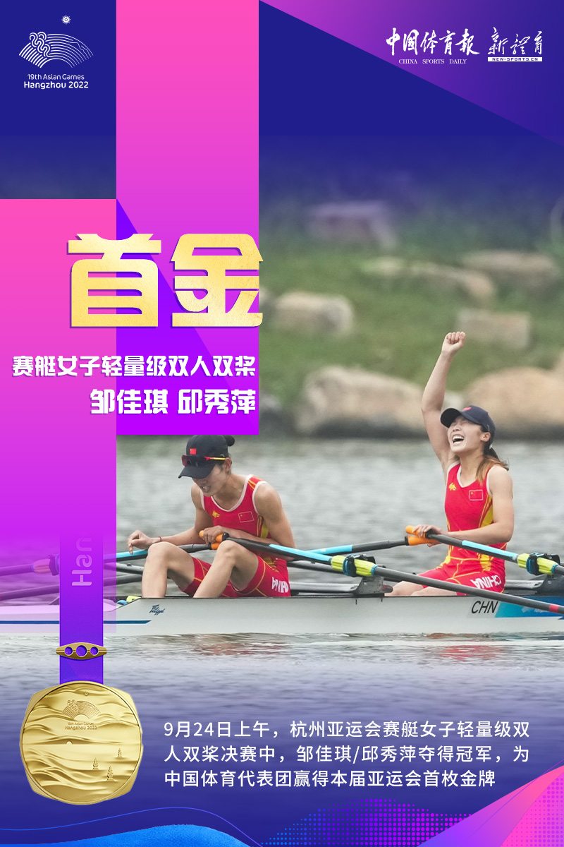 亚运首金来了！中国赛艇女子双人双桨组合夺冠(图1)