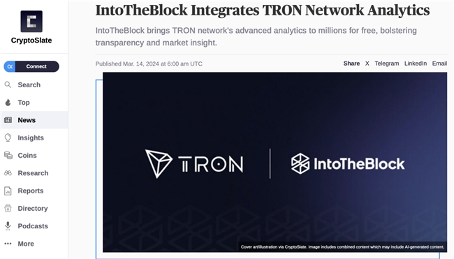 全球行业媒体聚焦：波场TRON与服务商IntoTheBlock共启行业分析新纪元